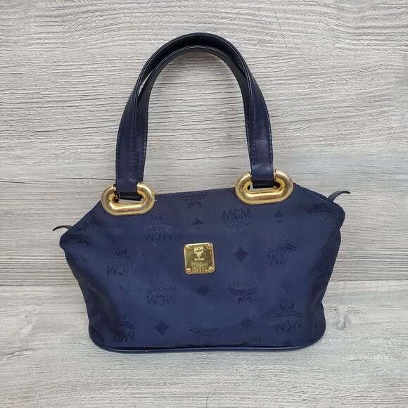MCM monogrammed nylon mini handbag, navy and gold - Picture 1 of 15
